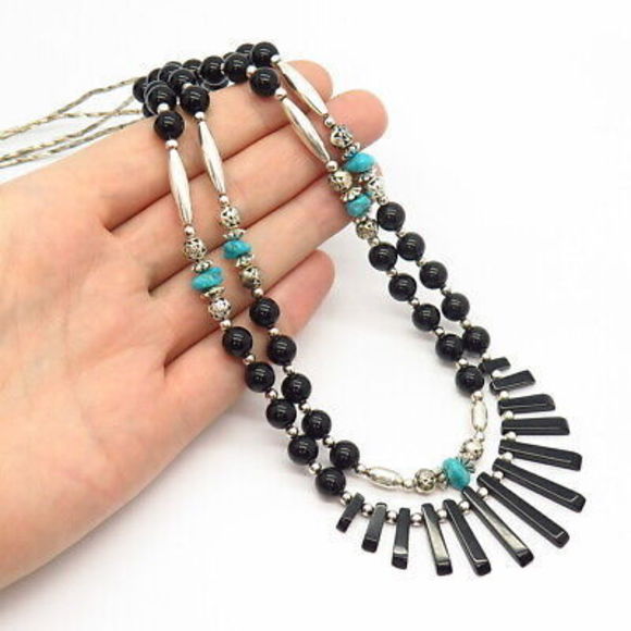 925 Sterling Silver Vintage Turquoise & Black Onyx Gem Ethnic Chain Necklace 22